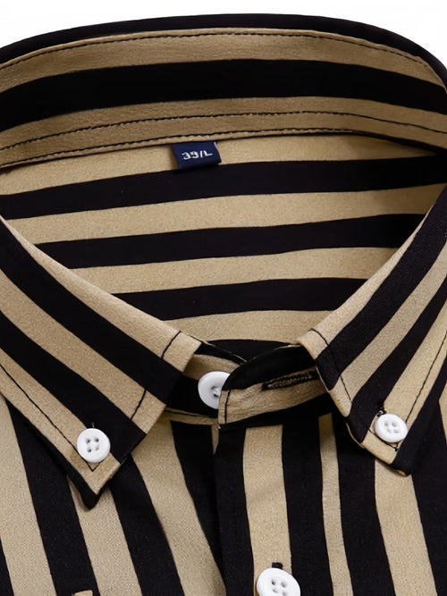 Men's Black and Gold Striped Button-Down Shirt (FS-1)